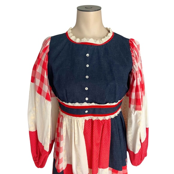 Vintage 1960s 70s Marianne Red Blue Patchwork Prairie Maxi Dress // XS S 2 4 6 - Picture 3 of 8